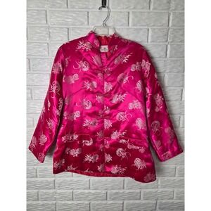VTG Women's Large Mandarin Jacket Pink Satin Frog Buttons Quilted Padded Yeong